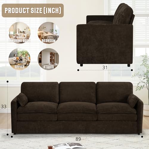 89" Chenille Modern Sofa w/Plump Backrests, Brown | 3 Seater Couch w/Soft Pillows, Comfy Upholstered Couch w/Thicker & Deeper Seats for Living Room, Bedroom - color: Brown, size: Sofa