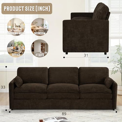 89" Chenille Modern Sofa w/Plump Backrests, Brown | 3 Seater Couch w/Soft Pillows, Comfy Upholstered Couch w/Thicker & Deeper Seats for Living Room, Bedroom - color: Brown, size: Sofa