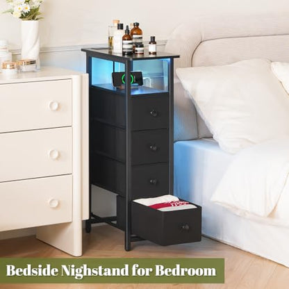 Yoobure LED Narrow Nightstand with Charging Station - Slim Dresser for Bedroom Narrow Side Table Storage Cabinet, Small Dressers Chest of Drawers, Tall Skinny Night Stand End Table for Small Spaces - color: Deep Black