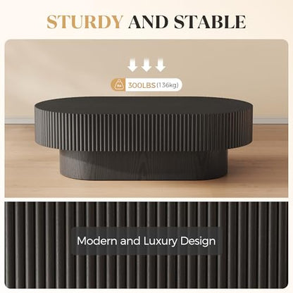 YOUDENOVA 43.7” Oval Coffee Table, Modern Wood Fluted Coffee Table for Living Room, Veneer Handcrafted Relief Center Table with Sturdy Pedestal，Easy Assembly - Black - color: 43.7" Black-oval