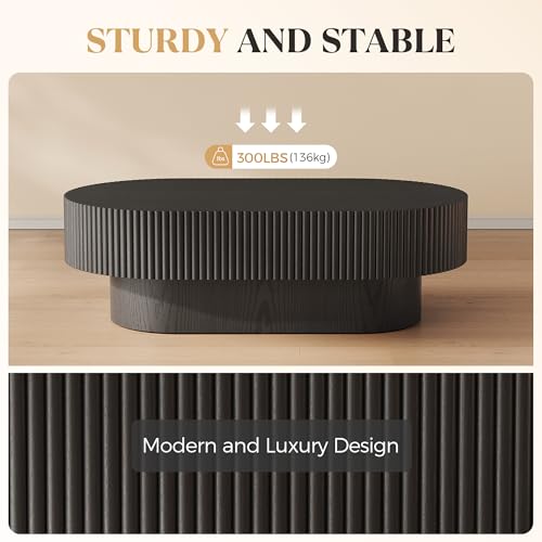 YOUDENOVA 43.7” Oval Coffee Table, Modern Wood Fluted Coffee Table for Living Room, Veneer Handcrafted Relief Center Table with Sturdy Pedestal，Easy Assembly - Black - color: 43.7" Black-oval
