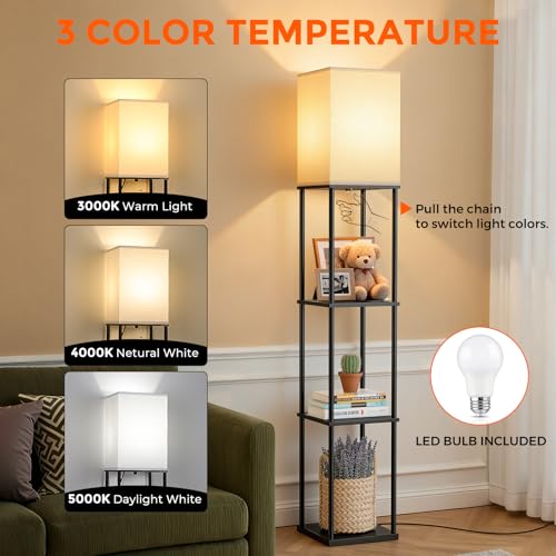 Floor Lamp with Shelves, 3-Tier Modern Square Bookshelf Standing Lamp Black | 3 Color Temperature Bulb Included, Pull Chain Tall Lamp for Living Room Bedroom Corner Office Apartment Decor - color: Black