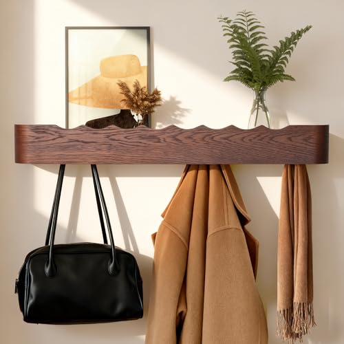 Coat Rack Wall Mount with Shelf Entryway Shelf Modern Key Holder Hanger Wall Shelves with Hidden Hooks for Hanging Towels Coats Hats Bags for Hallway Bathroom Bedroom(Wavy Walnut Color, 8 Hooks) - color: Wavy Walnut Color, size: 8 hooks