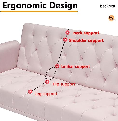 Majnesvon 71" Pink Futon Sofa Bed Couch: Velvet Fabric Memory Foam 2 Pillows Gold Metal Feet Adjustable Tufted Backrest, Convertible Folding Sleeper Loveseat for Living Room Bedroom Apartment (Pink) - color: Pink