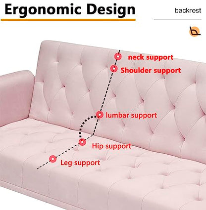 Majnesvon 71" Pink Futon Sofa Bed Couch: Velvet Fabric Memory Foam 2 Pillows Gold Metal Feet Adjustable Tufted Backrest, Convertible Folding Sleeper Loveseat for Living Room Bedroom Apartment (Pink) - color: Pink