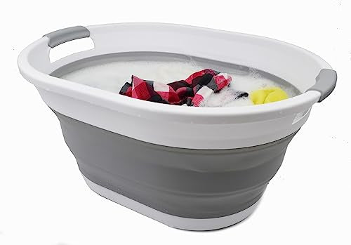 SAMMART 32L (8.4 Gallon) Collapsible Plastic Laundry Basket - Foldable Pop Up Storage Container/Organizer - Portable Washing Tub - Space Saving Hamper/Basket, Water Capacity: 24L (2, White/Grey) - color: White/Grey
