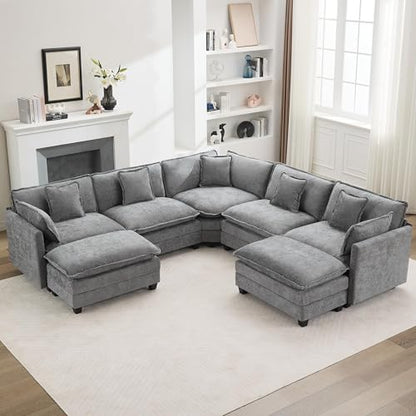 113'' V Shaped Cloud Sectional Sofa, Oversized Deep Seat Couches for Living Room, Chenille Comfy Upholstered Modular Sectional Sofa Couch with 2 Movable Ottoman, Grey - color: Grey, size: 113'' V Shaped+2 Ottoman