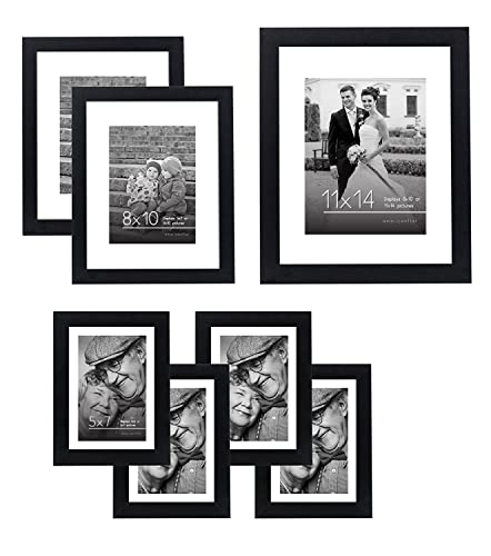 Americanflat Set of 7 Picture Frames with Shatter-Resistant Glass - Gallery Wall Frame Set with One 11x14, Two 8x10 and Four 5x7 Frames - Signature Collection - Black - color: Black with Mat, style: 7 Pack