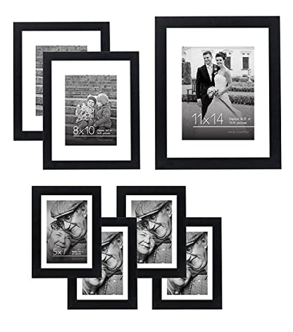 Americanflat Set of 7 Picture Frames with Shatter-Resistant Glass - Gallery Wall Frame Set with One 11x14, Two 8x10 and Four 5x7 Frames - Signature Collection - Black - color: Black with Mat, style: 7 Pack
