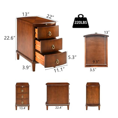 Narrow End Side Table with Slide-Out Tray and 3 Storage Drawers, Wood Sofa Beside Table for Small Space, No-Tools Assembly, Nighstand for Bedroom, Living Room, 13”W x 22”L x 22.6”H,Beeswax BG-A1569-MG