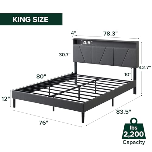 Zinus Maya Upholstered Platform Bed Frame, RGB LED Lights, King | Space-Saving Two-Tier Headboard Storage, Built-in USB Charging Station, Soft Ambient Night Light, No Box Spring Needed - color: Grey, size: King, style: LED + Headboard Storage