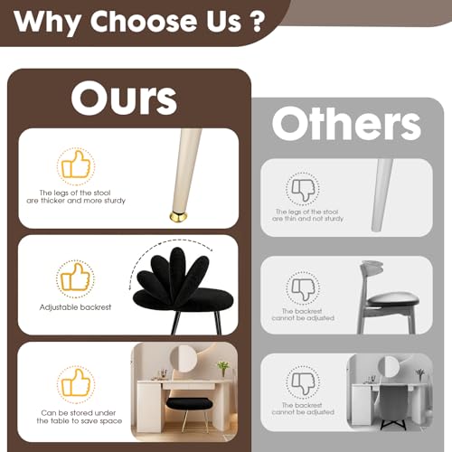 Black and Gold Vanity Chair with Adjustable Back,Sherpa Vanity Stool | Boucle Upholstery Armless Makeup Stool, Gold Metal Legs for Bedroom Living Room Kitchen Dinning Room (Gold and Black) - color: Gold and Black