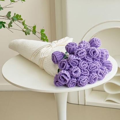 Crochet Flower Bouquet Throw Blanket, Handmade Knitted Blanket with Tulip, Cute Romantic Gift for Her Girlfriend Mom Mother’s Day Valentine Wedding Anniversary Birthday, Purple 40 Inches - color: Tulip, size: 40 Inches