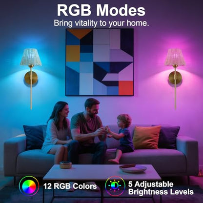 Battery Operated Wall Sconces Set of 2, Rattan Shade Wireless Wall Sconces, RGB Rechargeable Dimmable, Gold Boho Wall Sconce for Bedroom, Living Room, Hallway Bulbs Included - color: Gold 19.6in