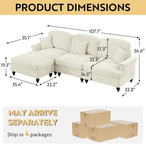 Modular Sectional Sofa Couch, Comfy Chenille Sofa with Removable Ruffled Skirt, Flared Armrests, Sturdy Legs, Convertible Sectional for Living Room, Bedroom, Apartment (Beige) - color: Beige, size: 107.1 Inch L