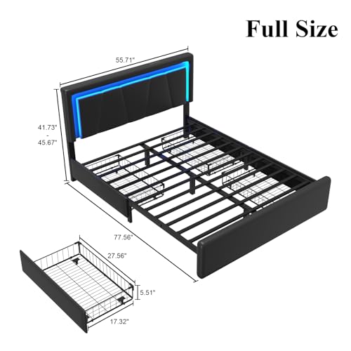 Full Size Bed Frame with 4 Storage Drawers, Upholstered Headboard, Black | Modern Bed, Charging Station, LED Light, Adjustable Height Headboard, Noise-Free, No Box Spring Needed, Easy Assembly - color: Black, size: Full