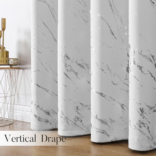 WUBODTI Silver Marble Blackout Curtains 84 inch Bedroom Grommet 2 Panels | Silver on white,metallic pattern,modern abstract,thermal insulated, room darkening,living room,privacy,window treatments - color: Grey White and Silver, size: 52"W x 84"L (Pack of