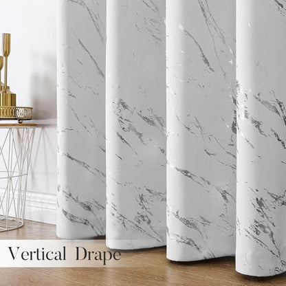 WUBODTI Silver Marble Blackout Curtains 84 inch Bedroom Grommet 2 Panels | Silver on white,metallic pattern,modern abstract,thermal insulated, room darkening,living room,privacy,window treatments - color: Grey White and Silver, size: 52"W x 84"L (Pack of