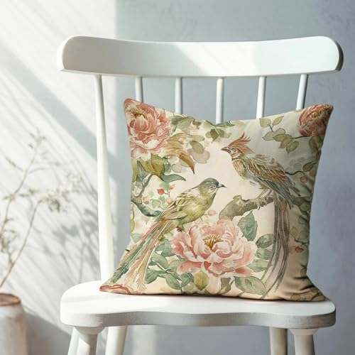 Fahrendom Vintage Floral Bird Lumbar Decorative Rectangle Pillow Cover | 20 x 20, Chinoiserie Peony Flower Porch Outdoor Pillowcase, Spring Summer Botanical Sofa Couch Cushion Case Home Decor - color: Vintage Bird Flower, size: 20" x 20" (Pack of 1)