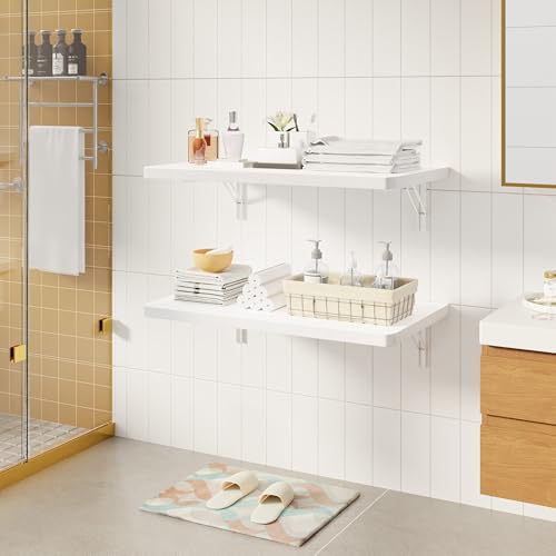 Dogsky 24" x 14" Floating Wall Desk, Fold Down Wall Table - 100 lbs Heavy Duty Solid Pine Wall Mount Folding Desk for Home Office, Laundry Room, Kitchen & Small Apartment, White - color: White, size: 24'' x 13.7'' x 6.3''