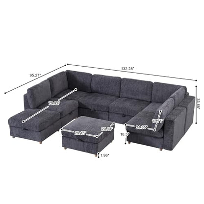 KEIKI Modular Sectional Sleeper Sofa with Hidden Storage, 8 Seat Convertible Fabric Couch with Flexible Layout and Washable Covers, Large U Shaped Sofa for Home Theater, Gathering or Game Room - size: 8-Seater