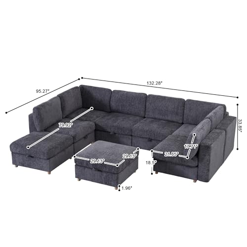 KEIKI Modular Sectional Sleeper Sofa with Hidden Storage, 8 Seat Convertible Fabric Couch with Flexible Layout and Washable Covers, Large U Shaped Sofa for Home Theater, Gathering or Game Room - size: 8-Seater