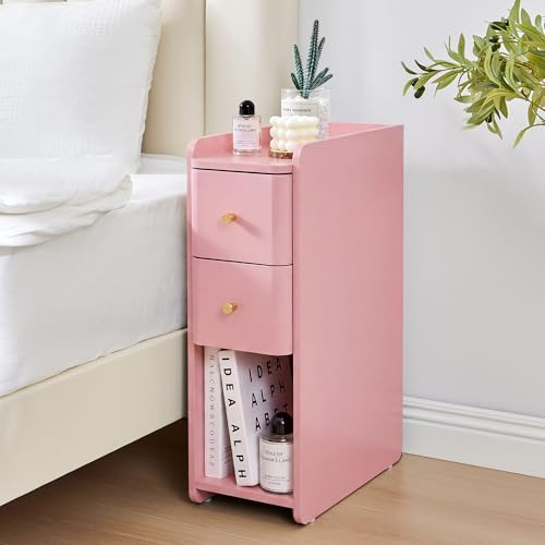 Narrow Nightstand Set of 2, Wooden Small 2 Drawer Nightstand, Slim Side End Table, Skinny Bedside Table, Mid Century Modern Night Stand with Drawers for Bedroom (Pink-1 pc) - color: Pink-1 Pc