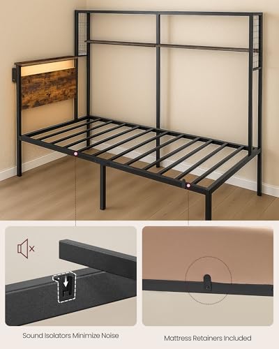 VASAGLE Twin Size Metal Bed Frame with Headboard, Multifunctional Storage, Built-in LED Lights, Charging Station, Bookshelf, Bedside Shelf, Space-Saving, No Box Spring Needed, Rustic Brown URMB963K02 - color: Rustic Brown