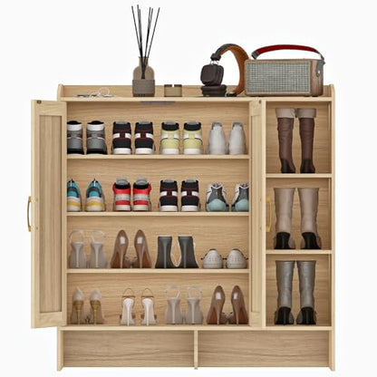 HOOBRO Shoe Cabinet for Entryway, Rattan Shoe Storage Cabinet with Doors, 4-Tier Freestanding Shoe Organizer with Side Cabinet, Large Capacity Wooden Shoe Cabinet, Natural NL95SC01