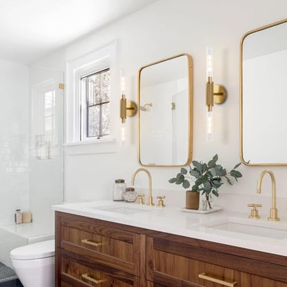 Gold Knurled Texture Wall Sconces 24" Modern Cylinder Bathroom Vanity Lights Fixtures with Clear Striped Glass Shade 2-Lights Indoor Wall Lighting for Living Room Bedroom Kitchen - color: Gold Knurled Texture/Clear