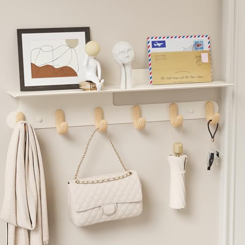 Wall Hooks with 22'' Shelf Coat Rack Wall Mount with 6 Hooks Entryway Hanging Shelf with Storage for Bathroom, Living Room, Bedroom, Modern Floating Wall Shelves with Hooks (Cream White)