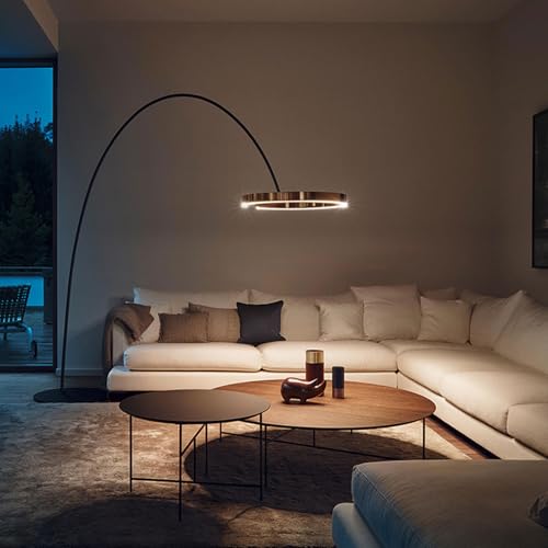 Modern Iron Arc Floor Lamp with LED Ring Shade - Nordic Dimmable Standing Lamp - Height Adjustable Vertical Lamp with Marble Base