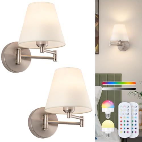 Rechargeable Wall Sconces with Remote Control, Dimming RGB Colors Cordless Battery Operated Wall Sconce Set of 2, Nickel Swing Arm Wall Lamp, Wireless Wall Sconce Fixtures for Bedside, Bedroom, Study - color: Nickel