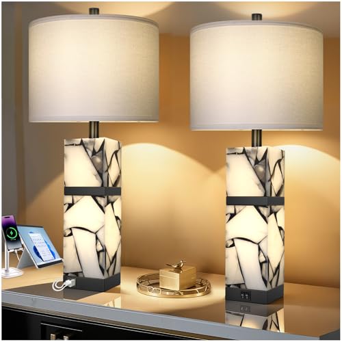 Scenekoy 27" Alabaster Table Lamp Set of 2 with Night Light for Living Room | Nightstand Lamps with Linen Shade, Modern Bedroom Lamps with USB A+C Ports for Living Room Bedroom Office (Bulb Included) - color: Black
