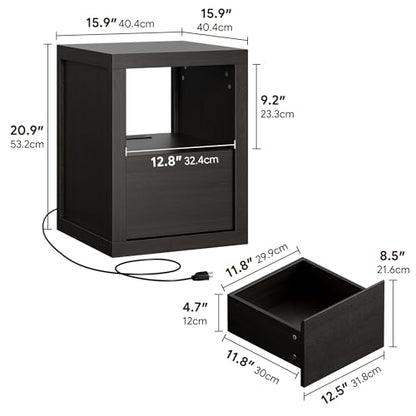 Wabi-sabi Style Nightstand, Modern Bedside Table with Charging Station,Thickened Wood End Table with Drawer Storage & Open Shelf, Night Stand for Bedroom, Black - color: Black