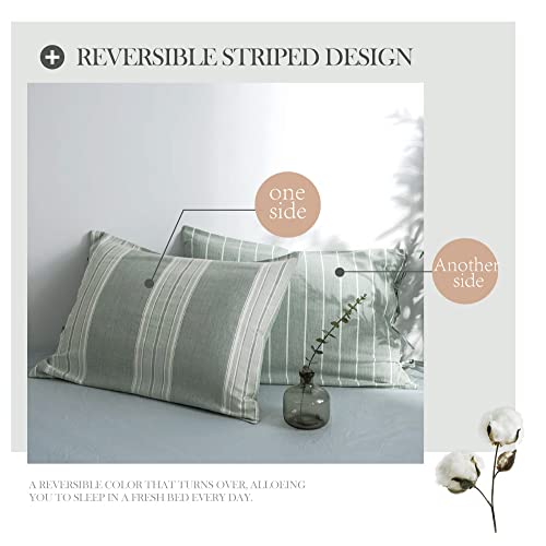 BISELINA Striped Duvet Cover Set 2pcs 100% Washed Cotton Linen Like Textured with Bowknot Bow Ties Strap Reversible Breathable Soft Comfy Chic Yarn Dyed Bedding (Twin, Grayish Green) - color: Grayish Green, size: Twin