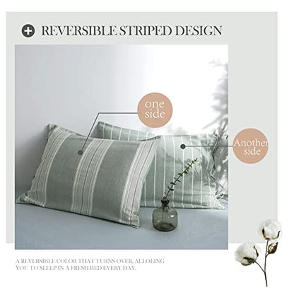 BISELINA Striped Duvet Cover Set 3pcs 100% Washed Cotton Linen Like Textured with Bowknot Bow Ties Strap Reversible Breathable Soft Comfy Chic Yarn Dyed Bedding (Full, Grayish Green) - color: Grayish Green, size: Full