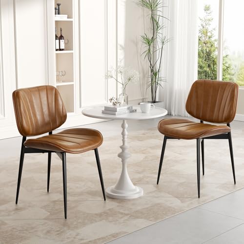 Dining Chairs Set of 4, Mid Century Modern Dining Room Chairs, Upholstered Faux Leather Kitchen Chairs with Walnut Bentwood Back and Metal Legs, Brown - color: Brown, size: Set of 4