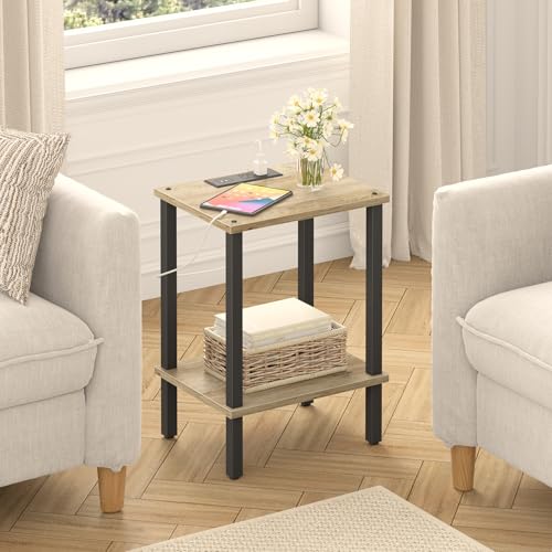 TUTOTAK End Table with Charging Station, Side Table Set of 2, Nightstand | 2-Tier Storage Shelf, Bedside Table with USB Ports, Sofa Table for Small Space, Livingroom, Bedroom Greige V1TB01BG041 - color: Greige