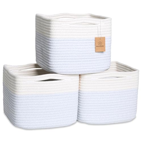 NaturalCozy Storage Cubes 9”x9”x7”Cotton Rope Woven Baskets for Organizing 3-Pack | 9 Inch Cube Storage Bin | Small Basket for Shelf Nursery, Pantry, Decorative Plant, Bathroom Closet, Toy Gift - color: Off White & Mixed Blue