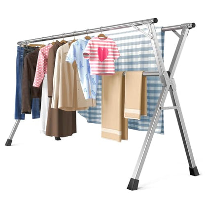 Folding Stainless Steel Laundry Drying Rack 79 Inches | Heavy-duty stainless steel, Foldable & Retractable, Holds up to 150 lbs, Includes 20 windproof hooks for indoor & outdoor use - size: 79''
