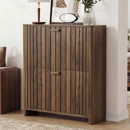 Shoe Storage for Entryway, Walnut Gradient Fluted Hidden Cabinet with Metal Legs, Organizer with Flip Doors, Slim Entryway Storage - color: Walnut, size: Gradient Fluted - 31.5 inches