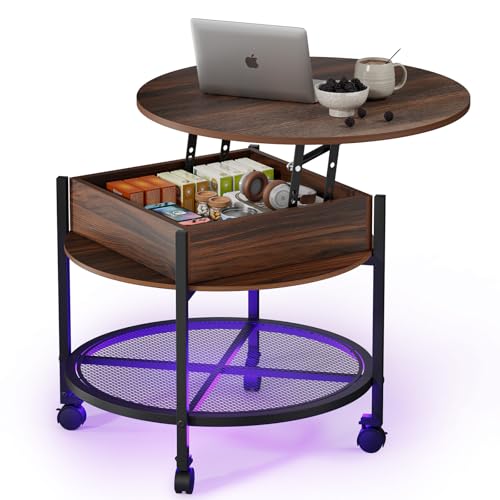 VINGLI 27" Round Lift Top Coffee Table with Wheels & Lights, Walnut | Removable Coffee Table with Hidden Compartment Storage & Metal Shelf, Small Farmhouse Coffee Tables for Living Room, Office - color: Walnut