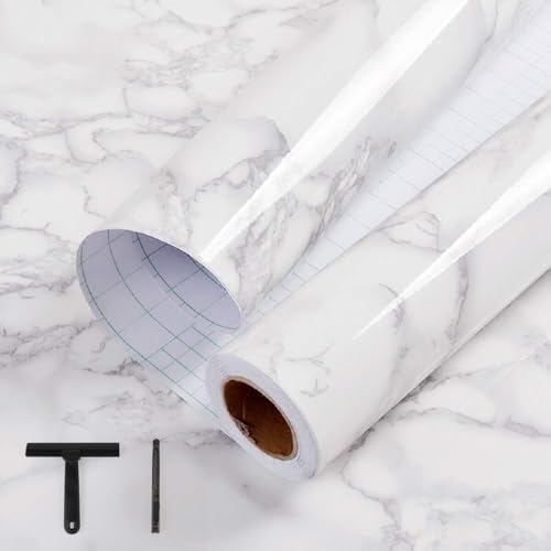 White/Grey Marble Contact Paper Marble Wallpaper Peel and Stick with Tools | 17.7" x 78.7" Self Adhesive Vinyl Film Contact Paper for Countertops - color: Gray/White-tool, size: 17.7" x 78.7"