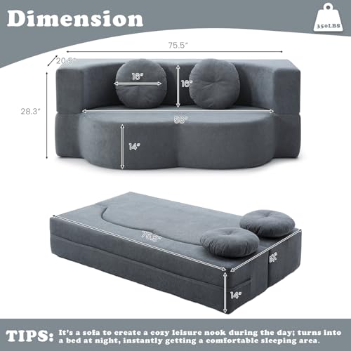 76" Convertible Folding Futon Sofa Bed, Queen Sleeper Sofa with Pillow, Teddy Floor & Futon Loveseat Couch, Foam Folding Mattress Sleeper for Living Room, Guest Use, Apartment, No Assembly (Grey) - color: Grey