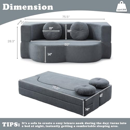 76" Convertible Folding Futon Sofa Bed, Queen Sleeper Sofa with Pillow, Teddy Floor & Futon Loveseat Couch, Foam Folding Mattress Sleeper for Living Room, Guest Use, Apartment, No Assembly (Grey) - color: Grey