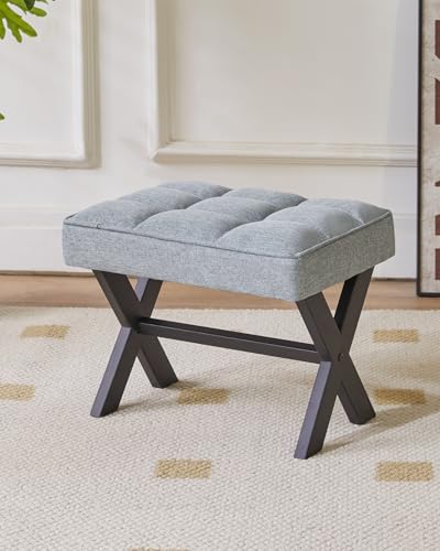 IBUYKE Small 12" H Footrest, Square Linen Step Stool, Blue Gray WBD011L | Foot Stool Metal X-Leg Multi-Use Small Side Table Living Room Bedroom Entryway Office - color: Blue Grey, size: 12.2"-Linen
