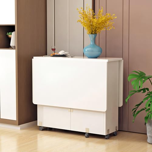 Folding Drop Leaf Dining Table with 6 Wheels & 2-Tier Storage Shelf, Space Saving Convertible Table for 2-6 People, Portable Kitchen Table or Desk for Small Apartments, White