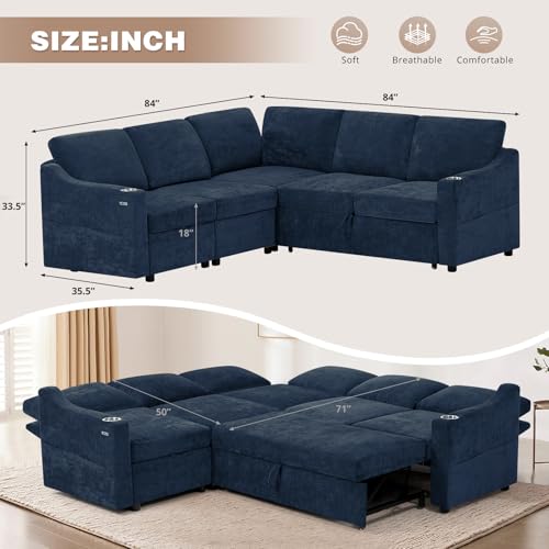 84" L-Shape Sectional Sofa Bed w/Adjustable Backrests, Blue | Chenille Upholstered Pull Out Sofa Bed w/USB Ports, Convertible Corner Sleeper Couch w/Storage Space for Living Room, - color: Blue, style: L-Shape