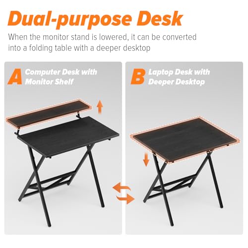 WOHOMO Folding Computer Desk with Monitor Stand, Adjustable Height, Black | Foldable Table Small Office Desk for Bedroom, Space Saving Desk for Home Office, Easy Assembly - color: Black